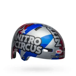 Bell Local BMX/Skate Helmet - Nitro Circus Gloss Silver/Blue/Red -CycloPro Shop bell local bmx skate helmet nitro circus gloss silver blue red front right 1